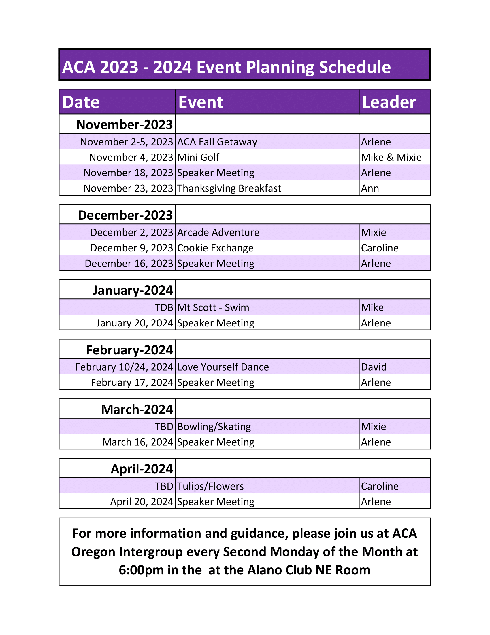 ACA Event Schedule ACA Oregon